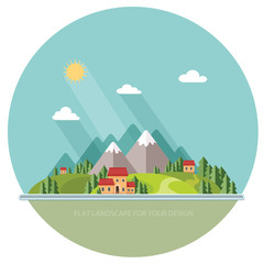 Naklejka premium Landscape. Houses in the mountains among the trees. Flat style,