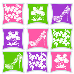 Set of cushions for interior vector illustration. Pillow isolated on white background. Pillow, leaves pattern. Pillow pattern slipper. Pillow pattern flowers