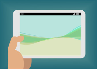 Vector illustration of hand holding white tablet with floating background wallpaper