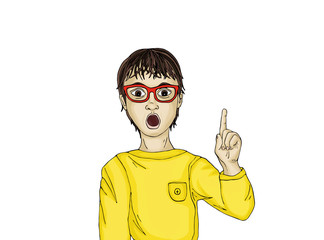 Surprised and enthusiastic child points with the index finger up.