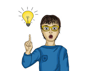  Surprised and enthusiastic child points with the index finger 