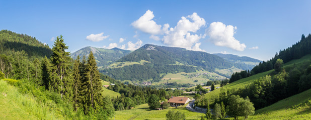 Panoramic view of french alps near Megeve during summertime.
