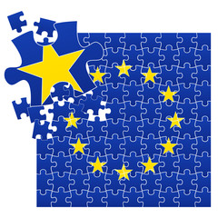 Vector illustration of European Union flag divided on jigsaw puzzle pieces with broken left corner with one star, symbolizing BREXIT, EPS 10