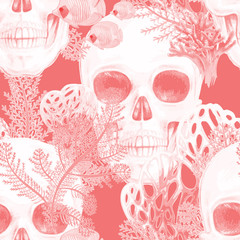 Seamless vector pattern with coral and skull.