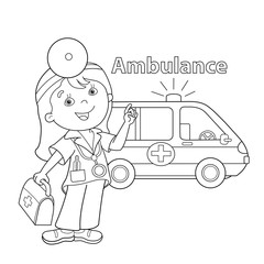 Coloring Page Outline Of cartoon doctor with ambulance car