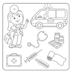 Coloring Page Outline Of doctor. Set of medical instruments