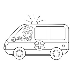 Coloring Page Outline Of cartoon doctor with ambulance car © oleon17