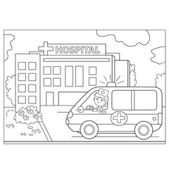 Coloring Page Outline Of ambulance car near the hospital