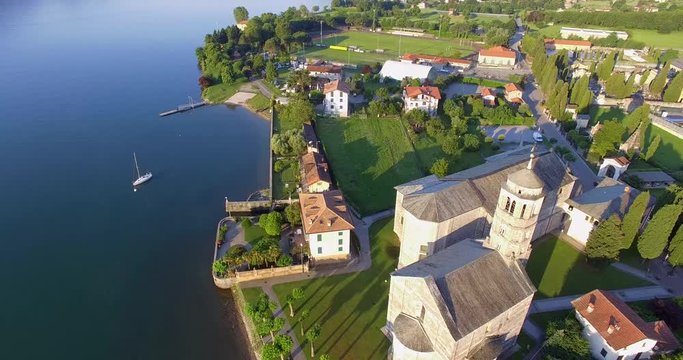 Aerial 4k - Gravedona - Lago di Como - Italy - Chiesa di S. Maria del Tiglio (sec. XII)