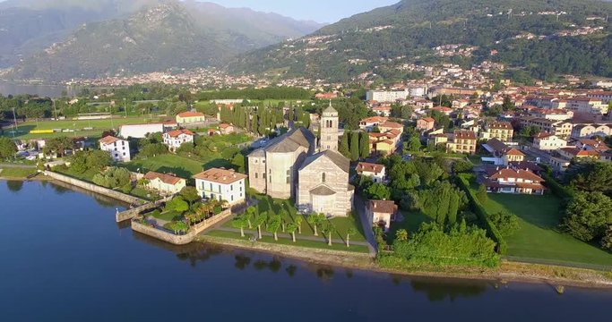 Aerial 4k - Gravedona - Lago di Como - Italy - Chiesa di S. Maria del Tiglio (sec. XII)