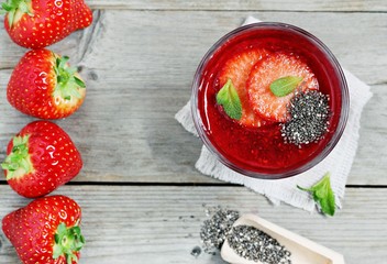 Fresh strawberries smoothies with chia seeds . Selective focus