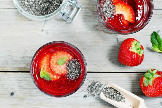 Fresh strawberries smoothies with chia seeds . Selective focus