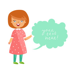 Cute little girl in pink dress pointing finger up having an idea with speech bubble. Vector colorful illustration in flat design isolated on white
