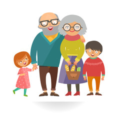 Vector fashion family. Senior man and woman hugging their grandchildren. Happy grandparents with kids in flat design isolated on white