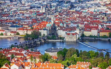 Fototapeta na wymiar Prague panoramic view, Charles bridge, Czech Republic. River 