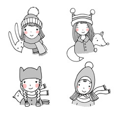 Beautiful girls in hats. Hare, a bird and a fox