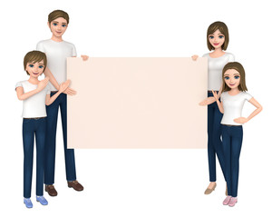 3D illustration character - The family who wore a T-shirt has a message board.