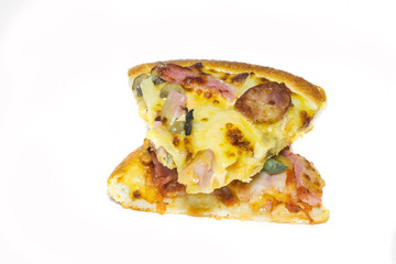 Two slices hotdog pizza and ham chicken pizza