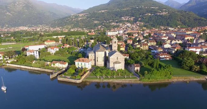 Aerial 4k - Gravedona - Lago di Como - Italy - Chiesa di S. Maria del Tiglio (sec. XII) 