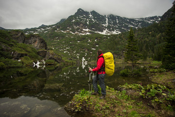 girl with backpack enjoying the view of a beautiful lake