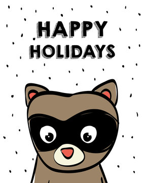 Merry Christmas and happy holidays concept represented by raccoon cartoon icon. colorfull and flat illustration