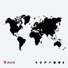 High detailed vector map of World with navigation pins.