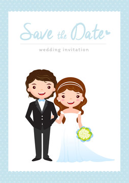 wedding invitation card, groom and bride cartoon wedding template design, vector illustration