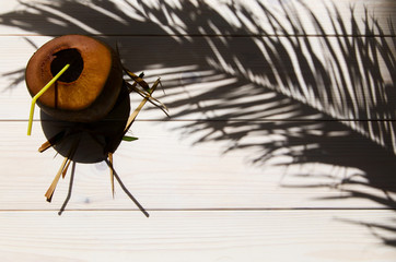 Shadow of tropical palm leaf  with coconut cocktail on white wooden background  with copy space. Concept for vacation or summer.