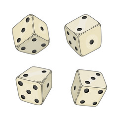 Four colored cartoon-style dice cubes
