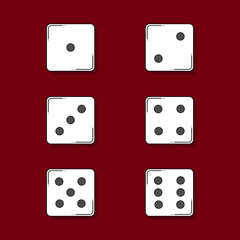Six colored cartoon-style dice cubes