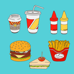 Set of cartoon fast-food meal colored