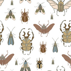 Vector seamless pattern with color beetles on white background