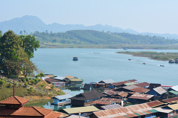 Houseboat village in Mon Bridge, Sangkhlaburi District, "Kanchanaburi", Thailand