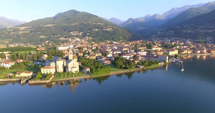 Aerial 4k - Gravedona - Lago di Como - Italy - Chiesa di S. Maria del Tiglio (sec. XII) 