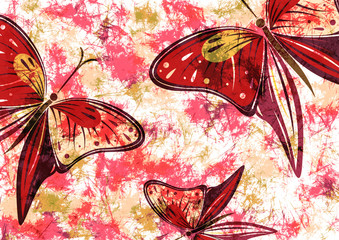 Hand drawn textured artistic floral background with insect. Creative wallpaper with  butterflies in red colors. Decorative pattern. Horizontal banner. Series of Drawn Artistic, Creative Backgrounds.