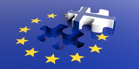 European Union flag, Finland flag puzzle piece. 3d illustration