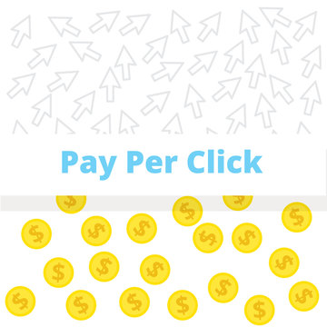 Pay Per Click concept - vector illustration. Cursors and Coins on white backgroung.
