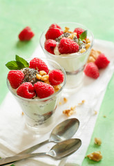 Yogurt with chia seeds, walnuts and raspberries