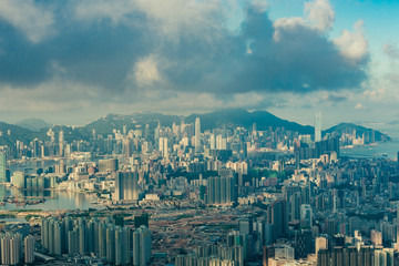 Fototapeta premium Top view of Hong Kong city in the dawn,view from kowloon peak