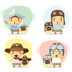 Little boy and dog in cute costume , vector , illustration