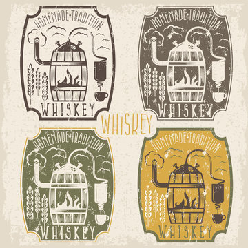 grunge vintage vector labels of whiskey with home alcohol machin