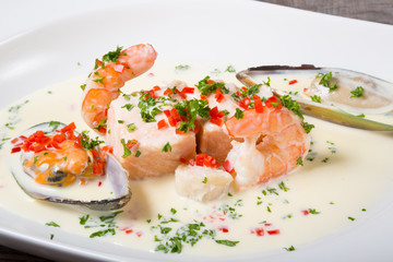 Seafood cream soup with shrimps
