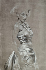 Woman figure. Realistic hand drawn fashion illustration. Graphite pencil and neopastel on ink painted paper - 114318524