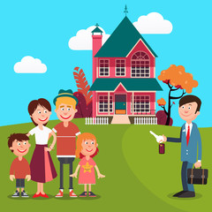 Obraz na płótnie Canvas Happy Family Buying a New House. Real Estate Agent with Keys from House. Vector illustration