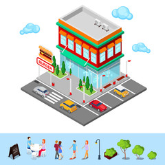 Isometric City Restaurant. Fast Food Cafe with Parking Zone. Vector illustration