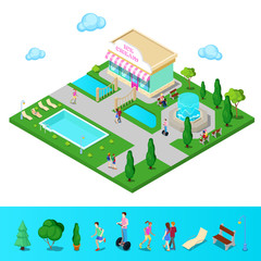 Isometric City Park with Fountain and Swimming Pool. Active People Walking in Park. Vector illustration