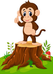 Cartoon happy monkey presenting on tree stump