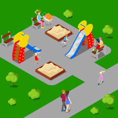 Isometric City. City Park with Children Playground. Vector illustration