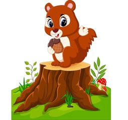 Obraz na płótnie Canvas Cartoon funny squirrel holding pine cone on tree stump