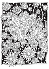 Coloring page for adults and older children for your hobby, have a good time and relax. Black and white coloring page. Floral background with flowers. 